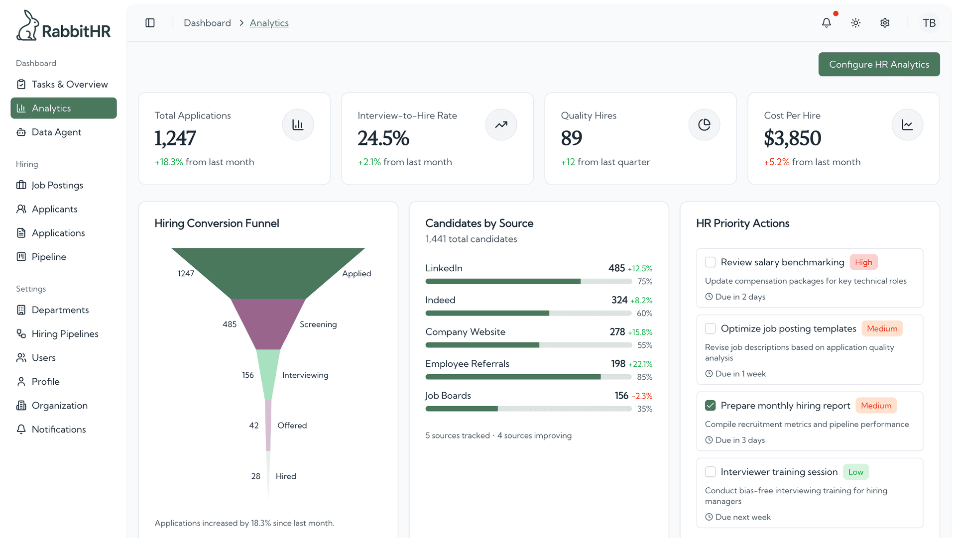 RabbitHR Analytics Dashboard - Professional hiring analytics that make HRs look data-driven and organized